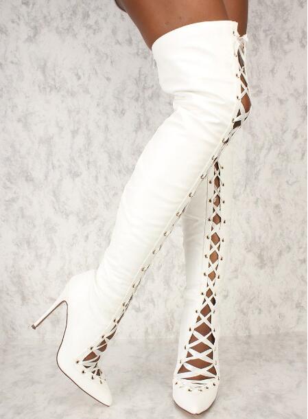 Ribbon Tie Heel - Moda mujer blanco negro sólido gamuza